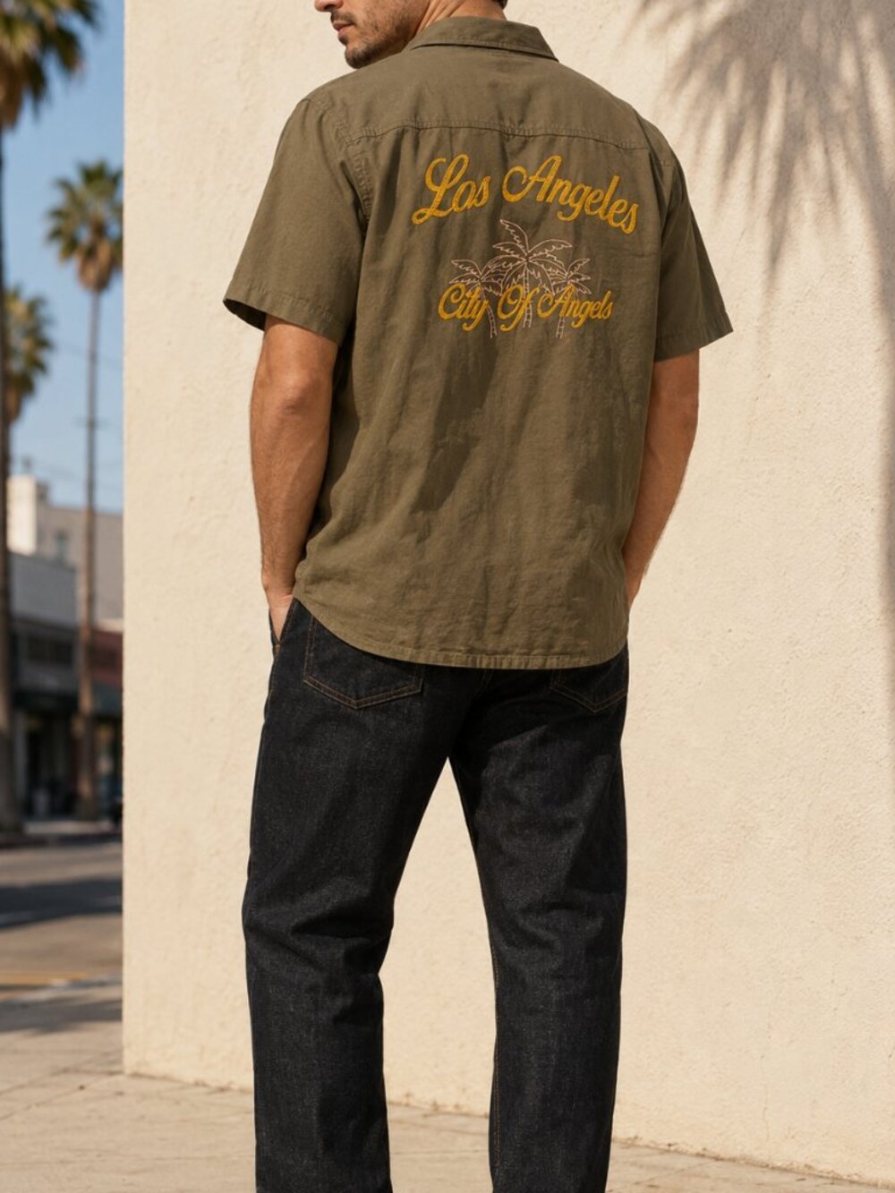 Eighty Eight Brand Los Angeles Embroidered Olive Button-Up Shirt XL